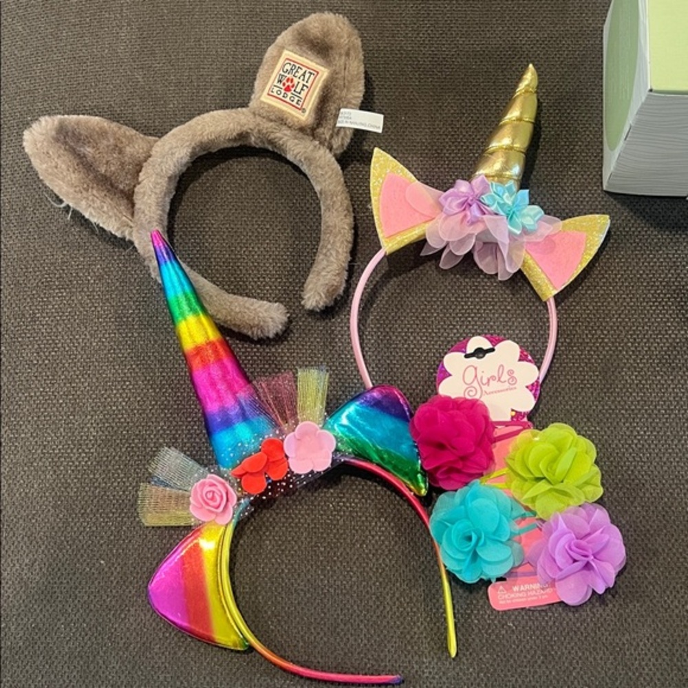 4x pack - pink Unicorn Headband + 4 clips + wolf ears + free rainbow headband.